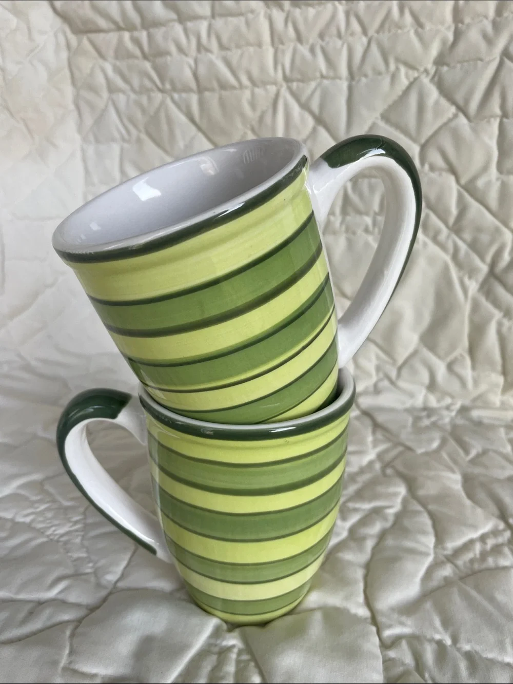 Green Striped Ceramic Coffee Mugs - Set of 2
